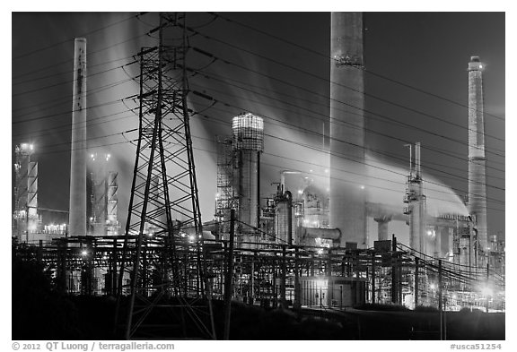 Shell Refinery by night. Martinez, California, USA (black and white)