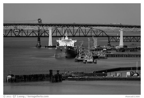 Pier, oil tanker, and Benicia-Martinez bridge. Martinez, California, USA