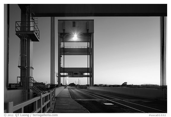 Mobile bridge at dusk, Mare Island, Vallejo. San Pablo Bay, California, USA (black and white)
