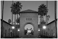 Gates at dusk, Main Quad. Stanford University, California, USA (black and white)