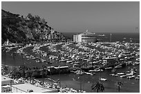 Beach, Pier, harbor, and casino from above, Avalon, Catalina. California, USA ( black and white)