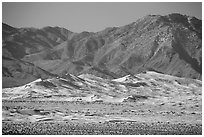 Distant view of Kelso Sand Dunes and Granite Mountains. Mojave National Preserve, California, USA (black and white)