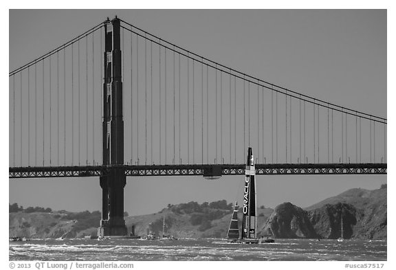 Oracle Team USA boat in front of Golden Gate Bridge during Sept 25 final race. San Francisco, California, USA
