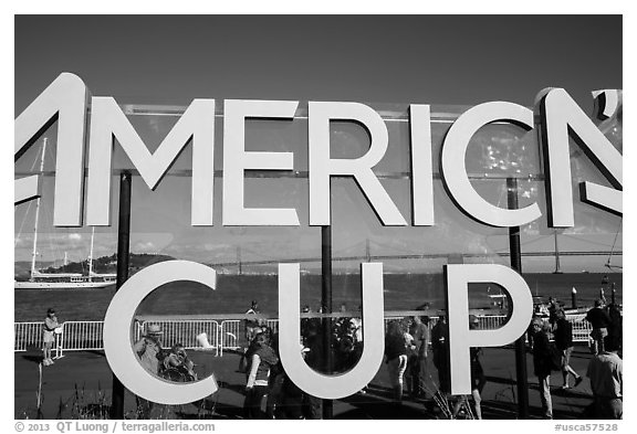Bay Bridge seen through America's Cup log at America's Cup Park. San Francisco, California, USA