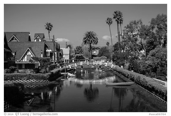 Bridge spanning canals. Venice, Los Angeles, California, USA (black and white)