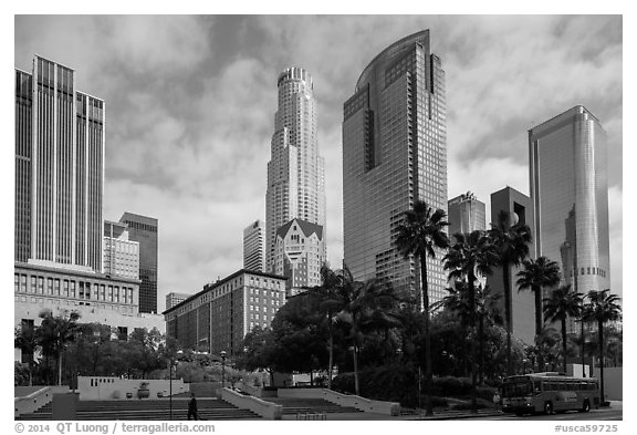 Skyscrappers around Pershing Square. Los Angeles, California, USA (black and white)