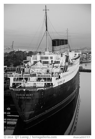 View of Queen Mary from behind and above. Long Beach, Los Angeles, California, USA (black and white)