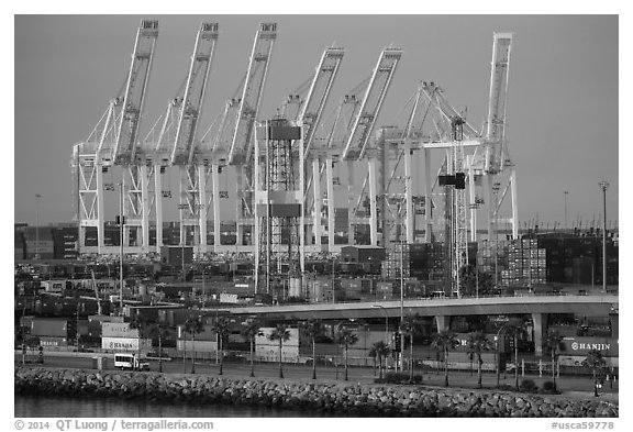 Containers and cranes in Long Beach port. Long Beach, Los Angeles, California, USA (black and white)