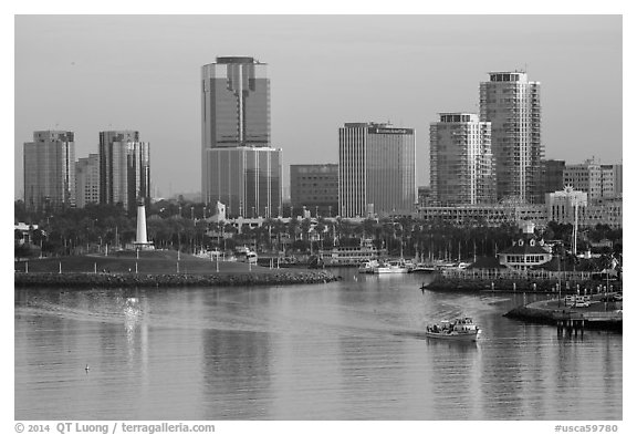 Harbor, lighthouse, and highrises. Long Beach, Los Angeles, California, USA (black and white)