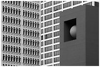 Sculpture detail and facades, Pershing Square. Los Angeles, California, USA ( black and white)