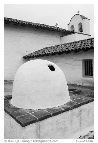 Oven and church, El Presidio. Santa Barbara, California, USA (black and white)