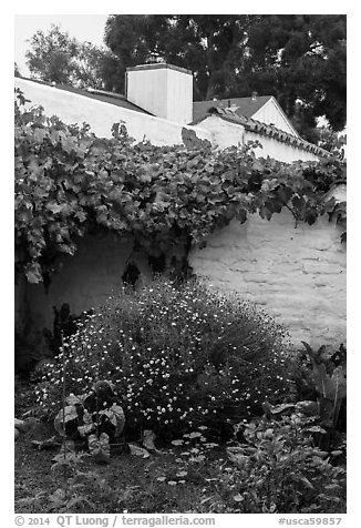 Courtyard corner, El Presidio. Santa Barbara, California, USA (black and white)