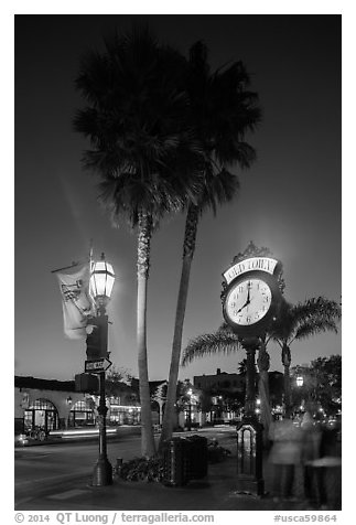 Old Town clock at dusk, State Street. Santa Barbara, California, USA (black and white)