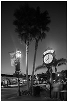 Old Town clock at dusk, State Street. Santa Barbara, California, USA ( black and white)