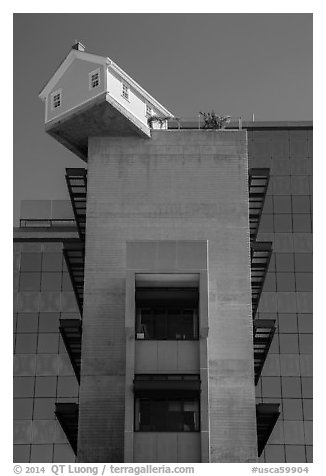 House sitting atop Warren College engineering building, UCSD. La Jolla, San Diego, California, USA (black and white)