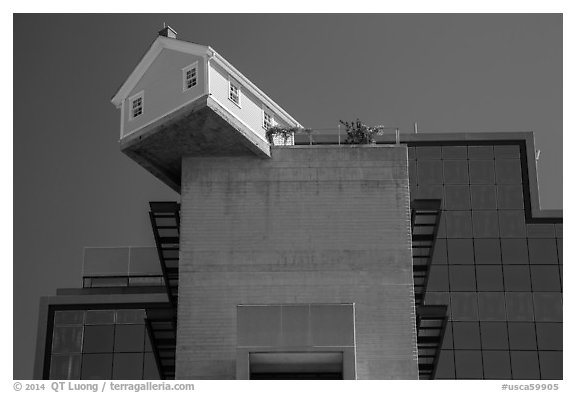 House called Fallen Star sitting atop building, University of California. La Jolla, San Diego, California, USA (black and white)