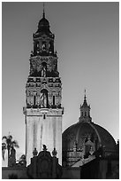 Museum of Man tower and dome at dusk. San Diego, California, USA ( black and white)