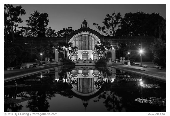 Botanical Building and reflection at night. San Diego, California, USA (black and white)