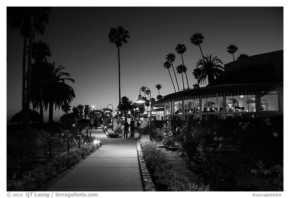 Restaurant near park at night. Laguna Beach, Orange County, California, USA (black and white)