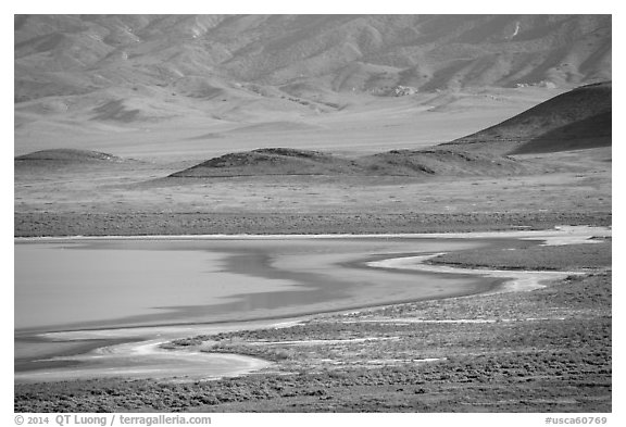 Soda Lake shore and hills from above. Carrizo Plain National Monument, California, USA (black and white)