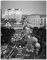 Aerial view of Christmas in the Park and Fairmont Hotel. San Jose, California, USA ( black and white)