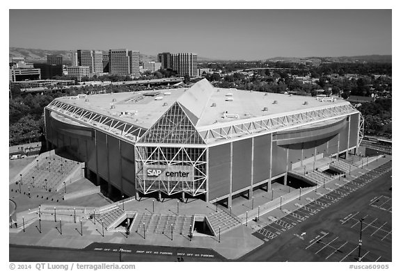 Aerial view of SAP Center. San Jose, California, USA (black and white)