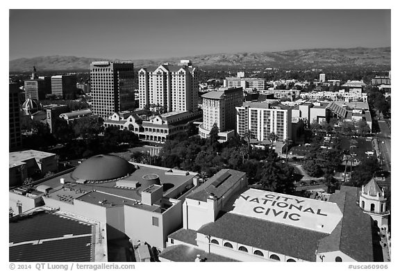 Aerial view of dowtown, City National Civic, and Plaza Cesar Chavez. San Jose, California, USA (black and white)