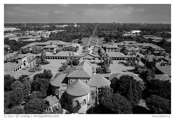 Aerial view of Memorial Church, Main Quad, and Oval. Stanford University, California, USA (black and white)
