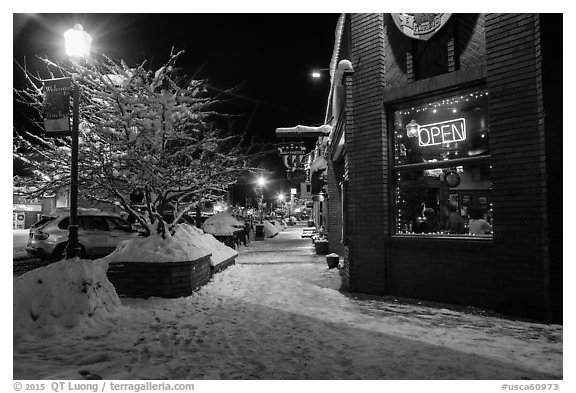 Main street in winter at night, Truckee. California, USA (black and white)