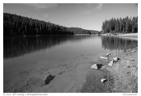 Jenkinson Lake on calm morning, Pollock Pines. California, USA (black and white)