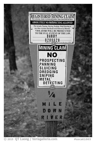 Registered mining claim sign, El Dorado County. California, USA (black and white)