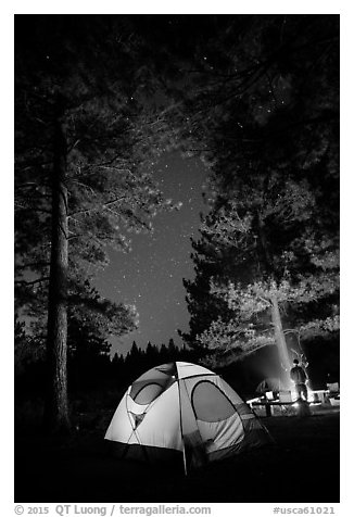 Tent and campfire at night,  Prosser Ranch Group Campground, Tahoe National Forest. California, USA (black and white)