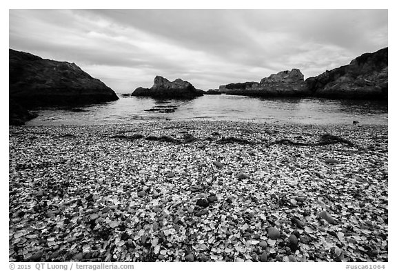 Beach covered with seaglass. Fort Bragg, California, USA (black and white)