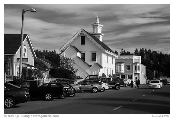Street and church. Mendocino, California, USA (black and white)