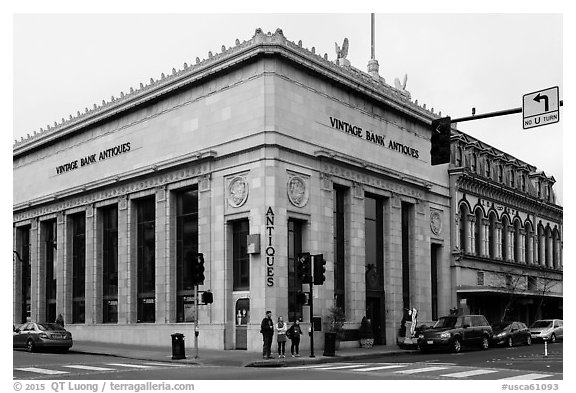 Bank reconverted as Antiques store. Petaluma, California, USA (black and white)