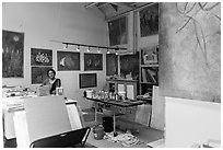 Artist in painting studio. Berkeley, California, USA ( black and white)