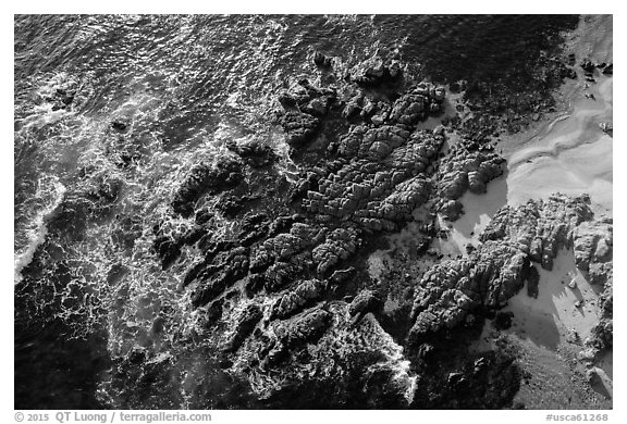 Aerial view of rocks, Cypress Point. Pebble Beach, California, USA (black and white)