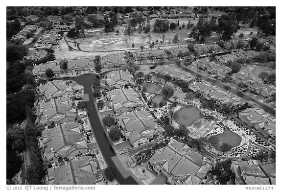 Aerial view of Villages Country Club after hailstorm. San Jose, California, USA (black and white)