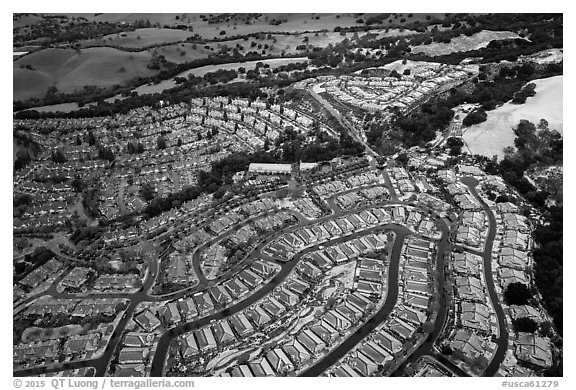 Aerial view of Villages with hail. San Jose, California, USA (black and white)