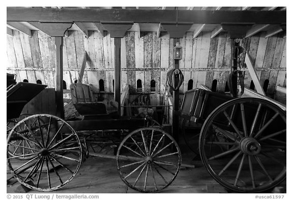 Wagons, Plaza Stable. San Juan Bautista, California, USA (black and white)