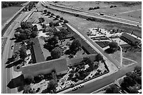 Aerial view of Mission San Miguel between railroad and highway. California, USA ( black and white)