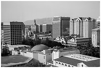 Rooftops and skyline with San Jose landmark buildings. San Jose, California, USA ( black and white)