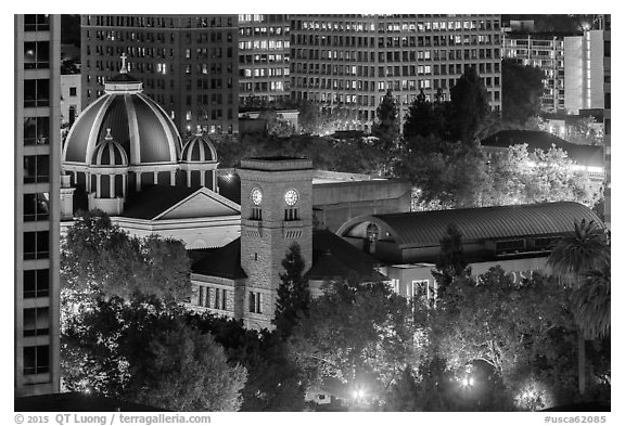 San Jose Museum of Art and St Joseph Cathedral at night from above. San Jose, California, USA (black and white)
