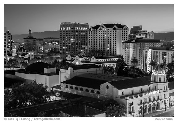 City National Civic and city skyline at night. San Jose, California, USA (black and white)