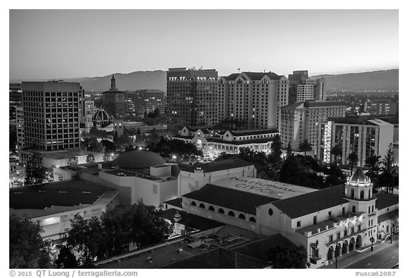 City National Civic and city skyline at dawn. San Jose, California, USA (black and white)