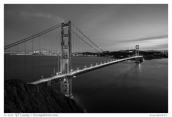Golden Gate Bridge and San Francisco at dusk. San Francisco, California, USA (black and white)