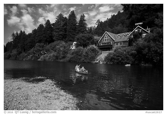 Canoists on Russian River, Monte Rio. California, USA (black and white)