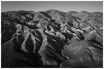 Aerial view of Temblor Range with patches of wildflowers. Carrizo Plain National Monument, California, USA ( black and white)