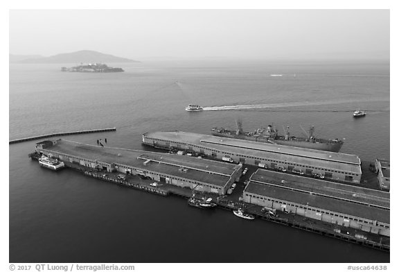 Aerial view of Pier 45 with SS Jeremiah OBrien. San Francisco, California, USA (black and white)