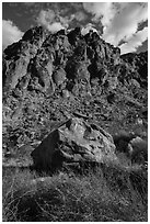 Boulder and canyon walls, Tahquitz Canyon, Palm Springs. Santa Rosa and San Jacinto Mountains National Monument, California, USA ( black and white)